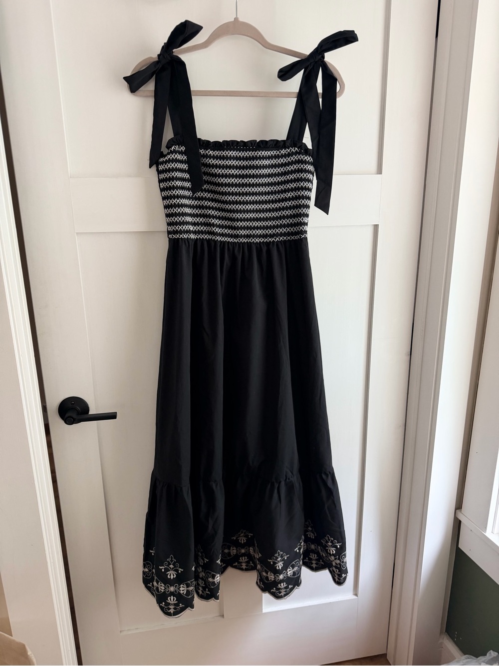 August Sky Women's Tie Straps Embroidered Smocked Midi Dress